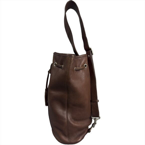 Vintage Sundance Brown Leather Bucket Bag Drawstring Boho Crossbody Backpack - Picture 4 of 10